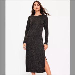 LOFT Shimmering Metallic Black Long Sleeve Sweater Dress MIDI Body Con Shimmer
